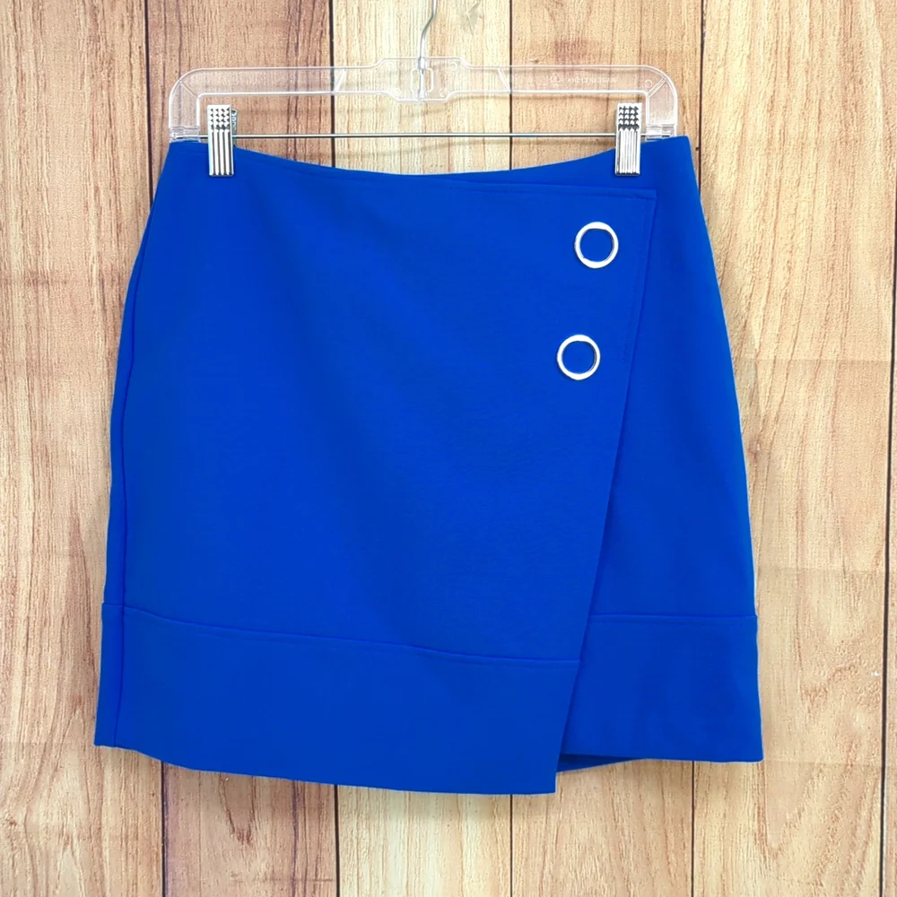 H&M Cobalt Blue Short Skirt Faux Wrap Metal Ring Decorations Sz 8